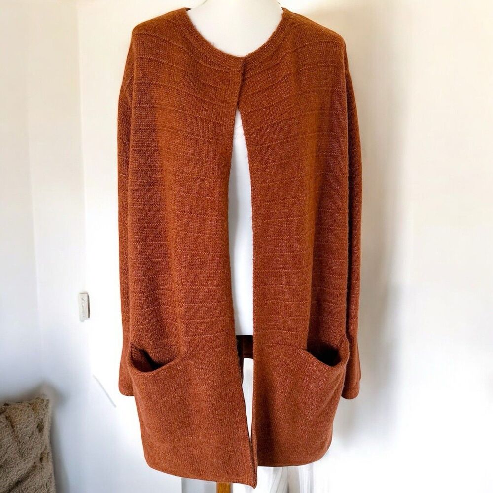 Old Navy Coatigan Sweater Cardigan Topper Textured Ribbed Pocket Orange Brown XL
